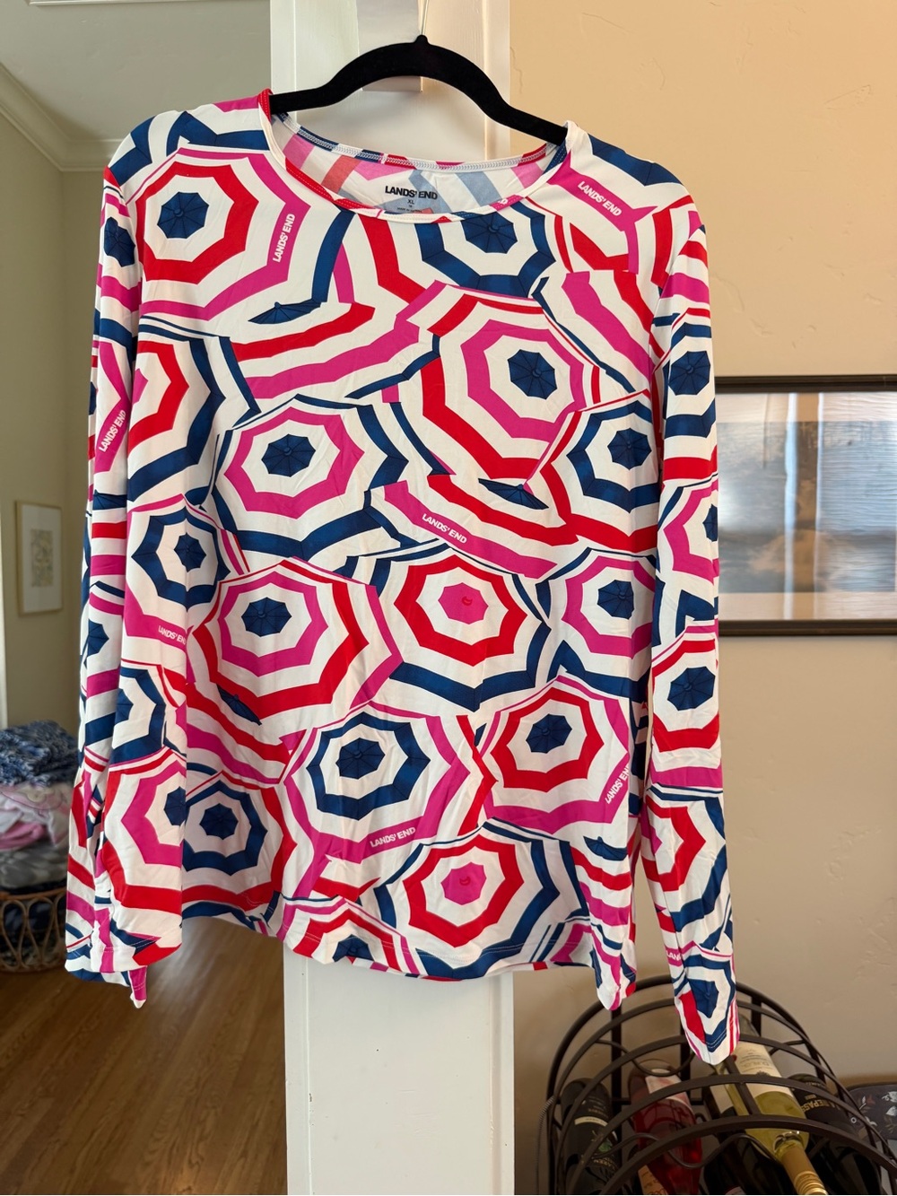 Lands' End Long-Sleeve Umbrella Print Tee in Pink, Red & Navy